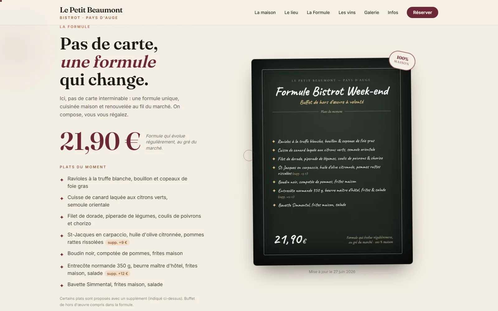 Section « La formule » : la formule unique à 21,90 € présentée comme une ardoise de bistrot