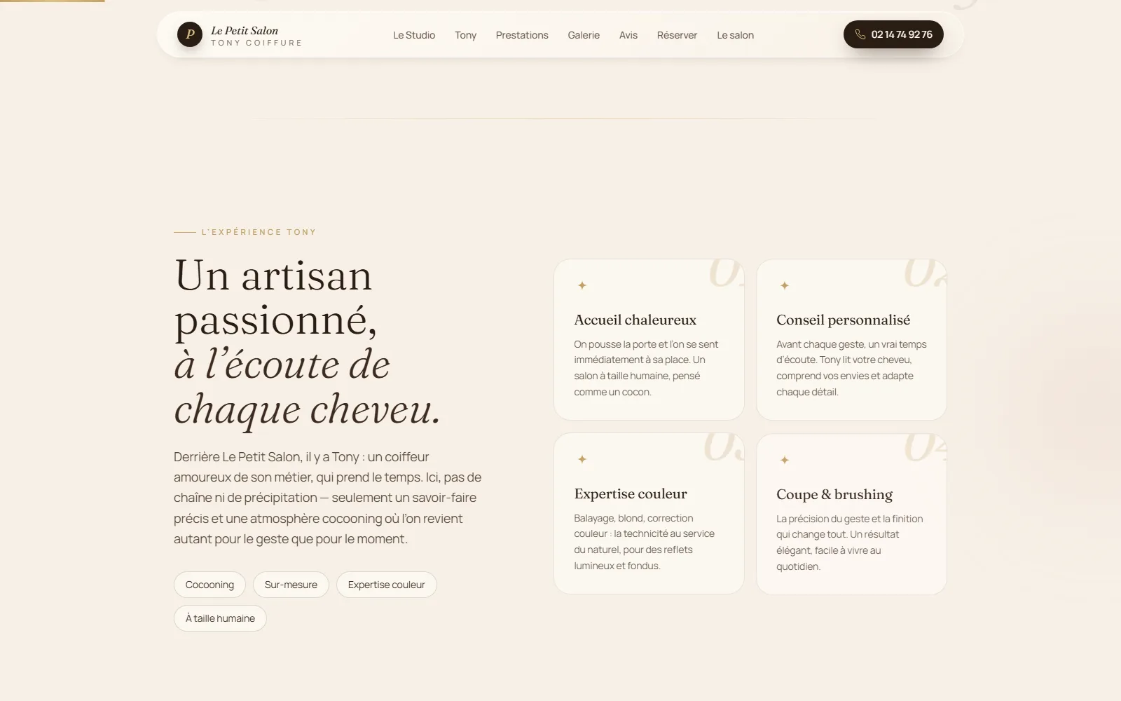 Section « L'expérience Tony » : accueil, conseil, expertise couleur et brushing
