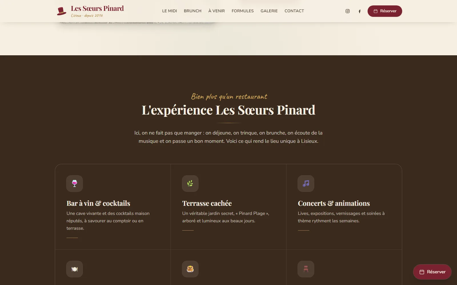 Section « L'expérience Les Sœurs Pinard » : bar à vin, terrasse et concerts