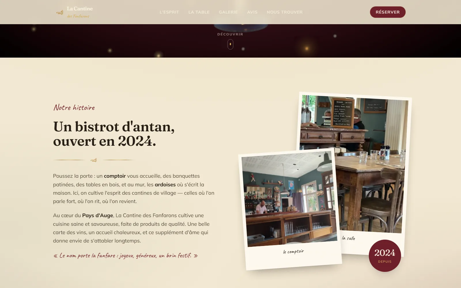Section « Notre histoire » : un bistrot d'antan en polaroïds (le comptoir, la salle)