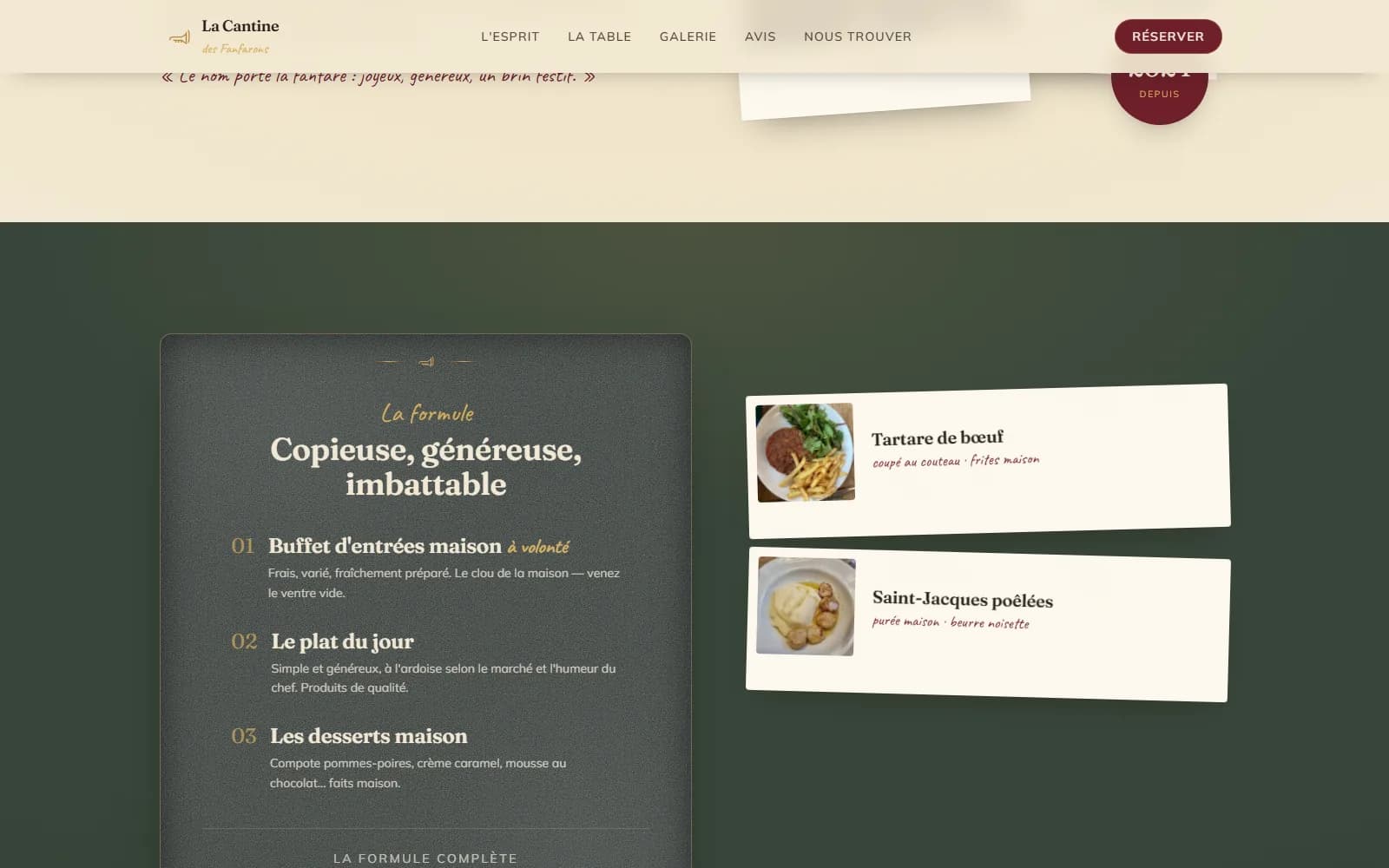 Section « La formule » : buffet d'entrées, plat du jour et desserts maison, avec des plats réels