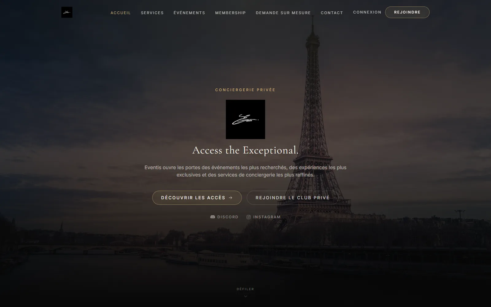 Page d'accueil Eventis — hero « Access the Exceptional » sur fond de Paris