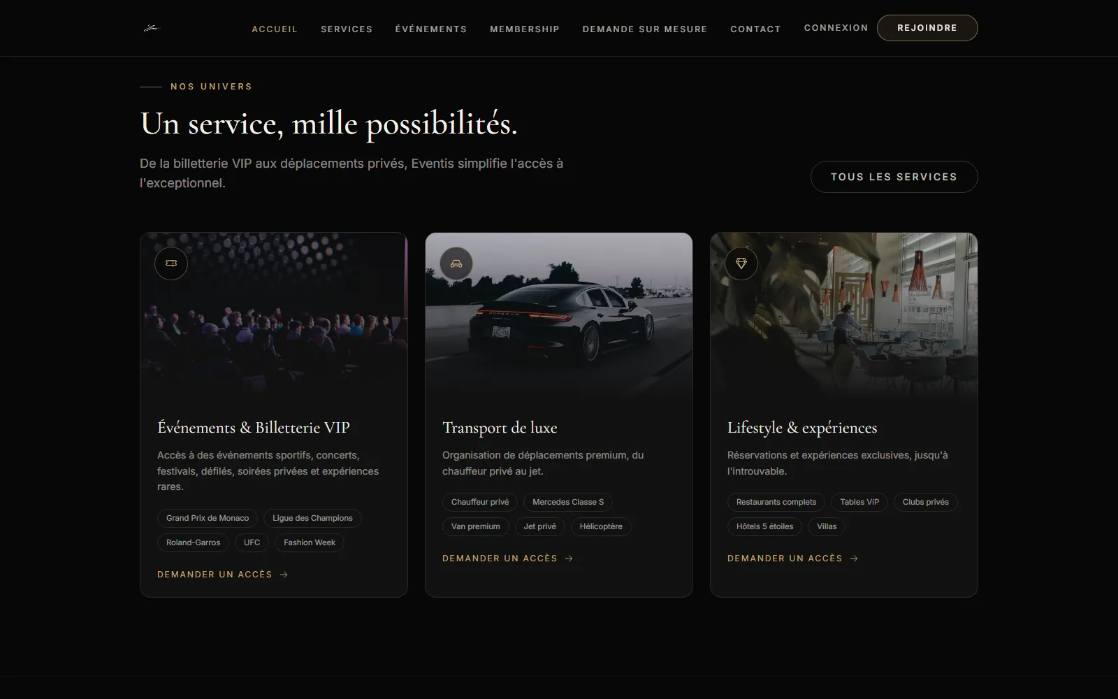 Section « Nos univers » : billetterie VIP, transport de luxe et lifestyle