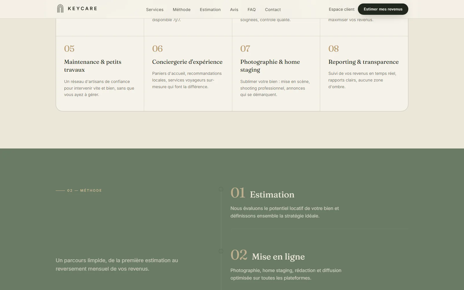 KeyCare : suite du catalogue de services (maintenance, conciergerie, home staging, reporting) et début de la timeline « Méthode »